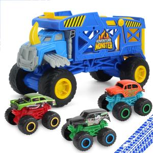 Monster Trucks Hauler Rhino with 3 Mini Diecast Monster Trucks & Super Ramp Launch, Monster Truck Toys for Kids 3-5 and up (Blue)