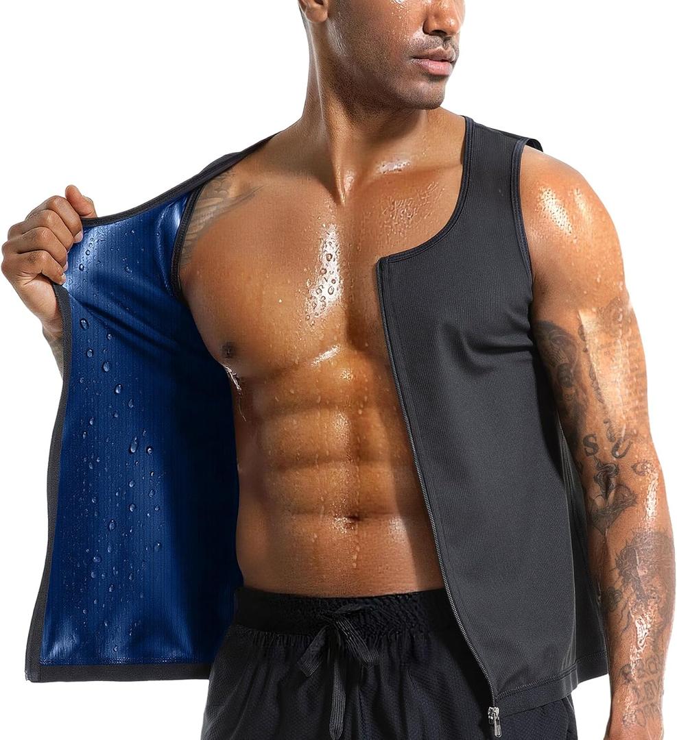 Everfion Men's Sauna Vest Zipper Ribbed Sweat Suit Waist Trainer, Sleeveless Sauna Shirt for Men Compression Tank Top (Black-blue Inner, L/XL)
