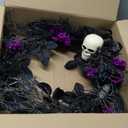 GarveeHome Halloween Wreath with Lights, 20 Inch Gothic Skull Wreath for Front Door Decor with 3 Color Roses, Spiders and Purple Berries for Indoor Outdoor Wall, Window, Porch