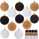 12Pcs 3.15Inch Brown Velvet Christmas Tree Ornaments Multicolor Flocked Shatterproof Christmas Balls for Xmas Trees Hanging Decorations (White, Khaki, Brown)