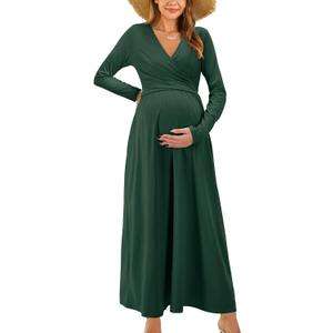 OUGES Women's 2024 Fashion Long Sleeve V Neck Maxi Dress with Pockets Maternity Clothes Nursing Dresses (Green, XXL)