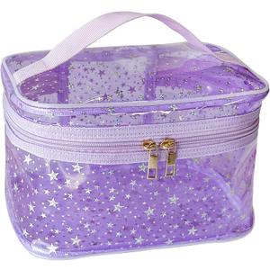 Star Print Purple PVC Makeup Bag with Handle - 8.66 * 5.51 * 5.51 inch,Clear Storage Bag Toiletry Pocket Portable Zippered Pouch Waterproof Cosmetic Organizer Bags for Women (Purple-L)