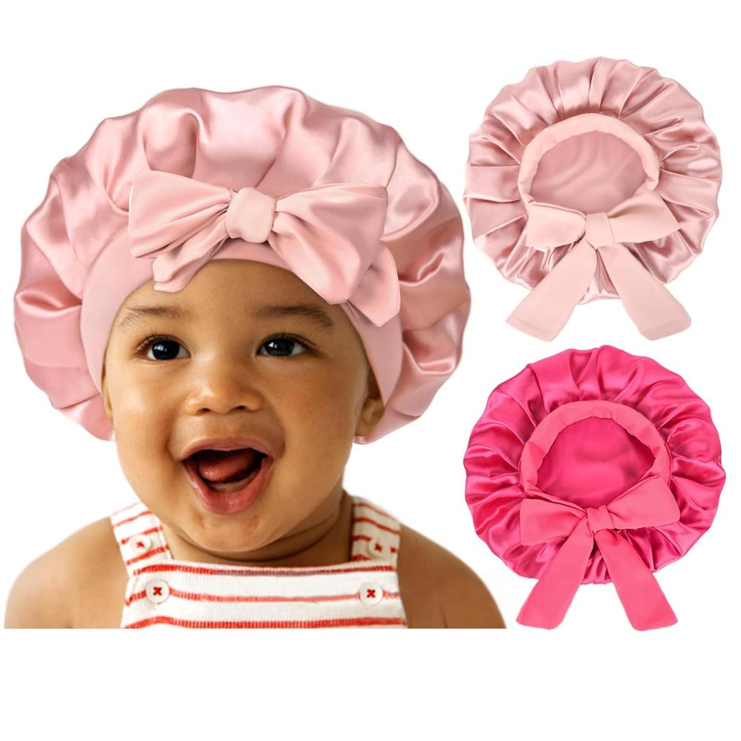 YANIBEST 2 PCS Baby Bonnet Silk Satin Bonnet for Kids Sleeping Cap Curly Natural Hair Silk Bonnets for Girls Boys Infant (6-36 Months, Aa-pink)