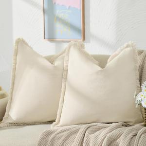 ZWJD Pillow Covers 18x18 Set of 2 Beige Throw Pillow Covers with Fringe Chic Cotton Decorative Pillows Square Cushion Covers for Sofa Couch Bed Living Room Farmhouse Boho Decor