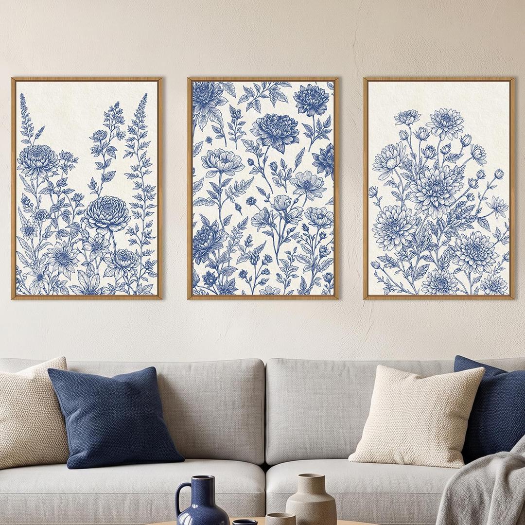 Blue White Chinoiserie Floral Framed Canvas Wall Art-16"x24"x3
Minimalist Navy Flower Wall Decor,Watercolor Wildflower Art Prints,Modern Nature Botanical for Living Room,Bedroom,Office