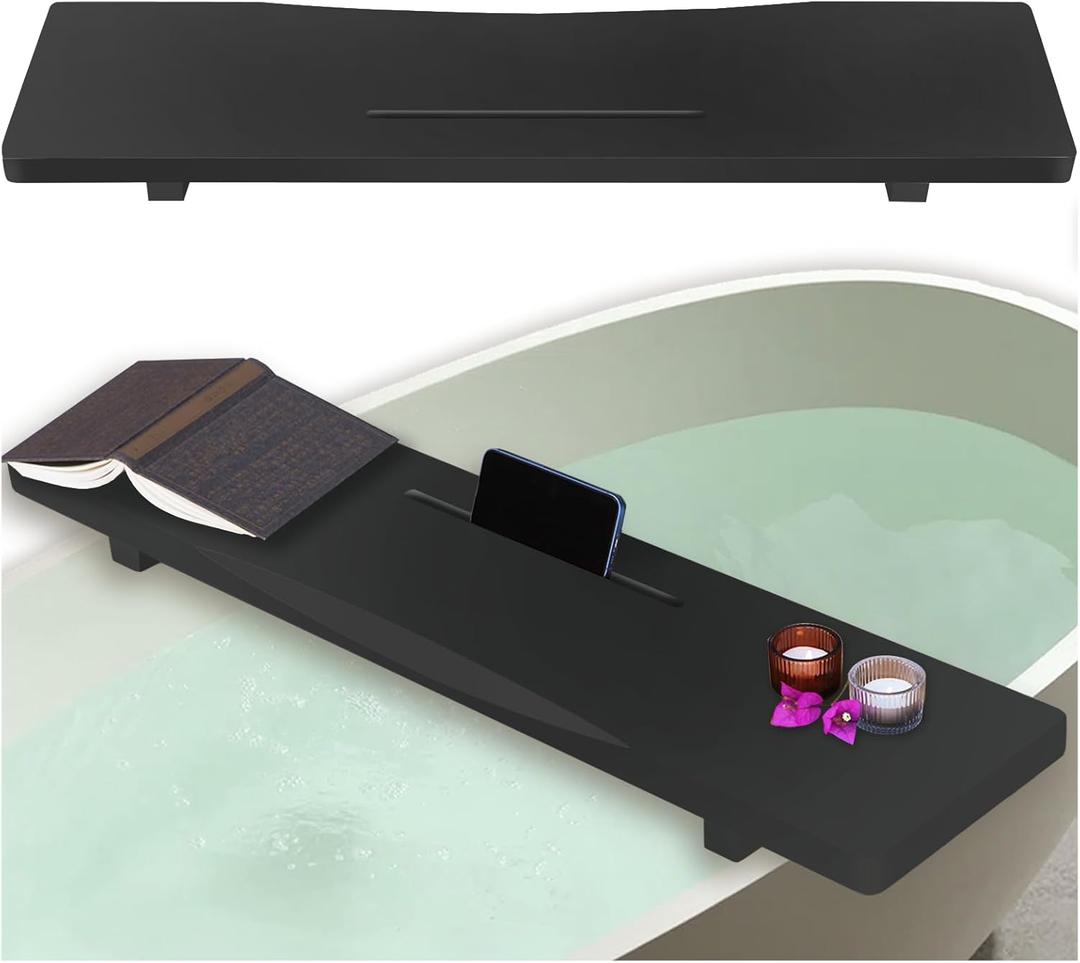 Stylish Black Bamboo Bathtub Tray Caddy with Adjustable Legs, Minimalistic Design Bath Tray for Tub, Bathtub Accessories, Fits Most Free Standing Bath Tubs, Idea for Women (35"9"2")