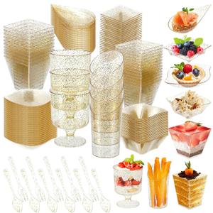 80 Pcs Mini Appetizer Plates Dessert Cups Spoons Forks Set Dessert Containers Assorted Shape Plastic Parfait Cups Disposable Spoon Forks for Party Serving (Gold)