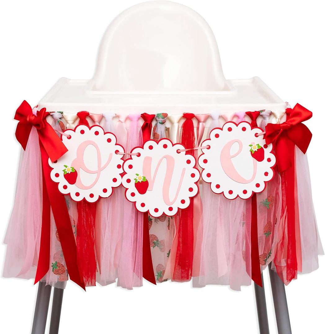 Strawberry One Highchair Banner - Berry First Birthday High Chair Banner, Berry Sweet One Birthday Decorations for Party, Anniversary, Cake Smash, Photo Prop