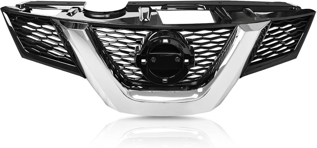 Front Bumper Black Grille Fit 2014 2015 2016 for N-issan Rogue Compatible with Mesh Front Air Grill Replacement Shroud Kit with Chrome Accents
