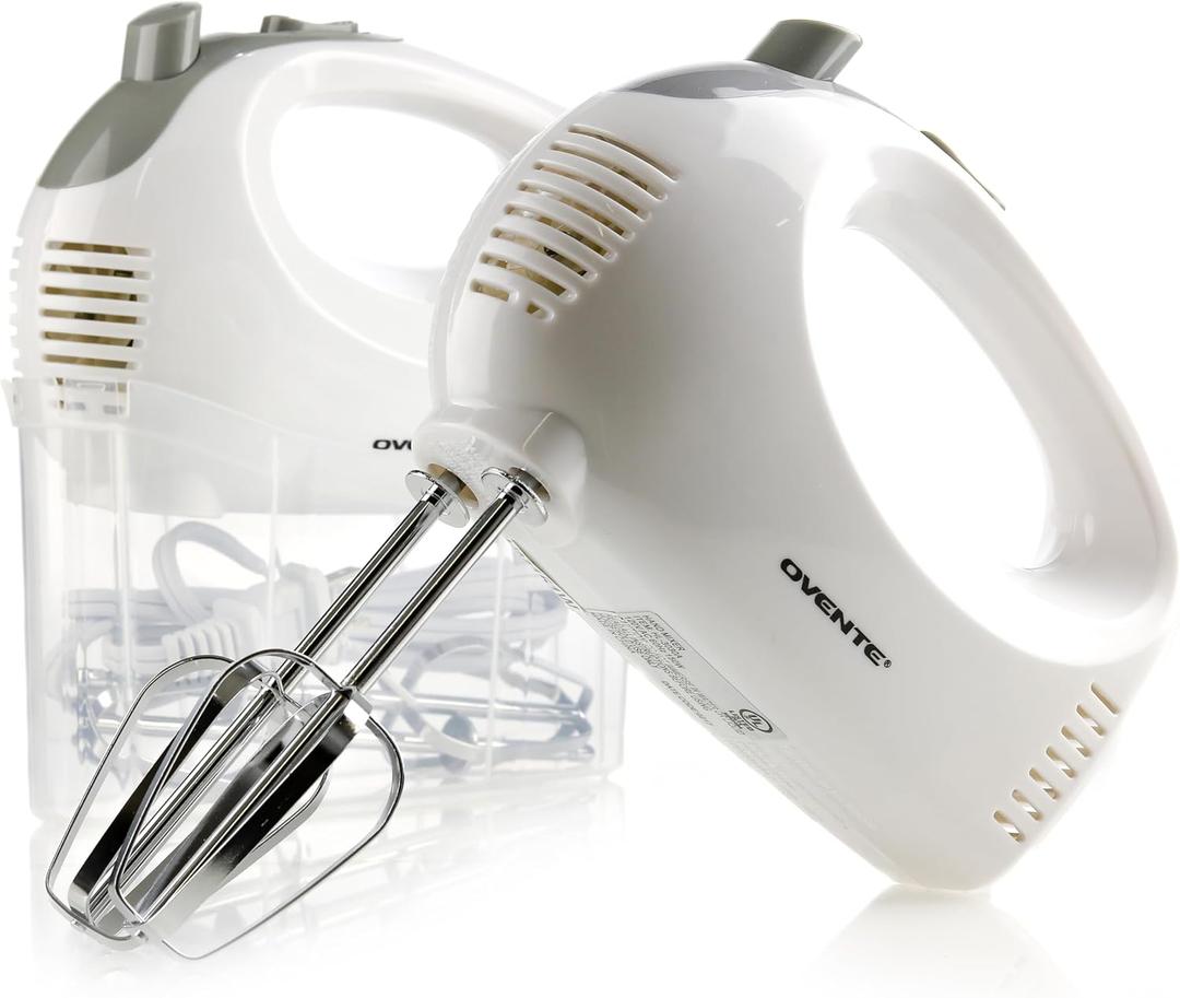 OVENTE 5-Speed Electric Hand Mixer with Stainless Steel Mixing Whisk, Snap-On Storage Case, Portable & Lightweight 150W Motor, Compact Handheld Mixer for Baking, Blending or Cooking, White HM151W
