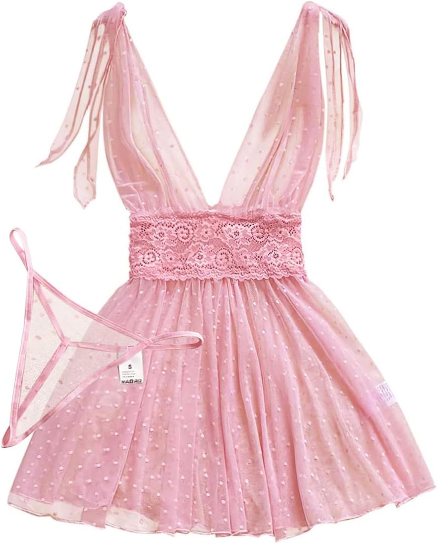 Lilosy Sexy Polka Dots Mesh Sheer Lace Babydoll Chemise Lingerie Set Floral Sleep Wear (Large, Pink)