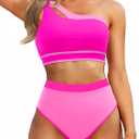 Tempt Me Women Pink One Shoulder High Waisted Bikini Color Block Two Piece Swimsuits Cutout 2 Piece Bathing Suit, M