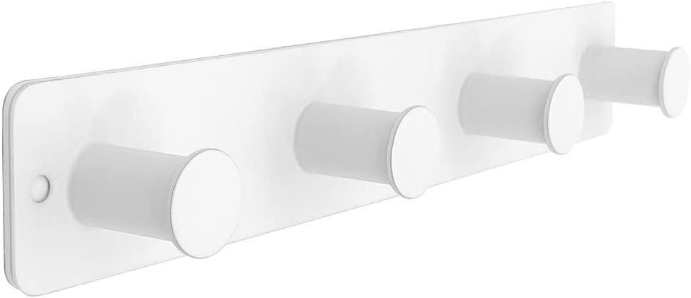 Small Coat Rack Wall Mounted, White Coat Hooks Adhesive & Screw in, Stainless Steel Door Hooks for Hanging Hat Towels Clothes, Hook Rail with 4 Round Hangers (White, 4 Hooks)