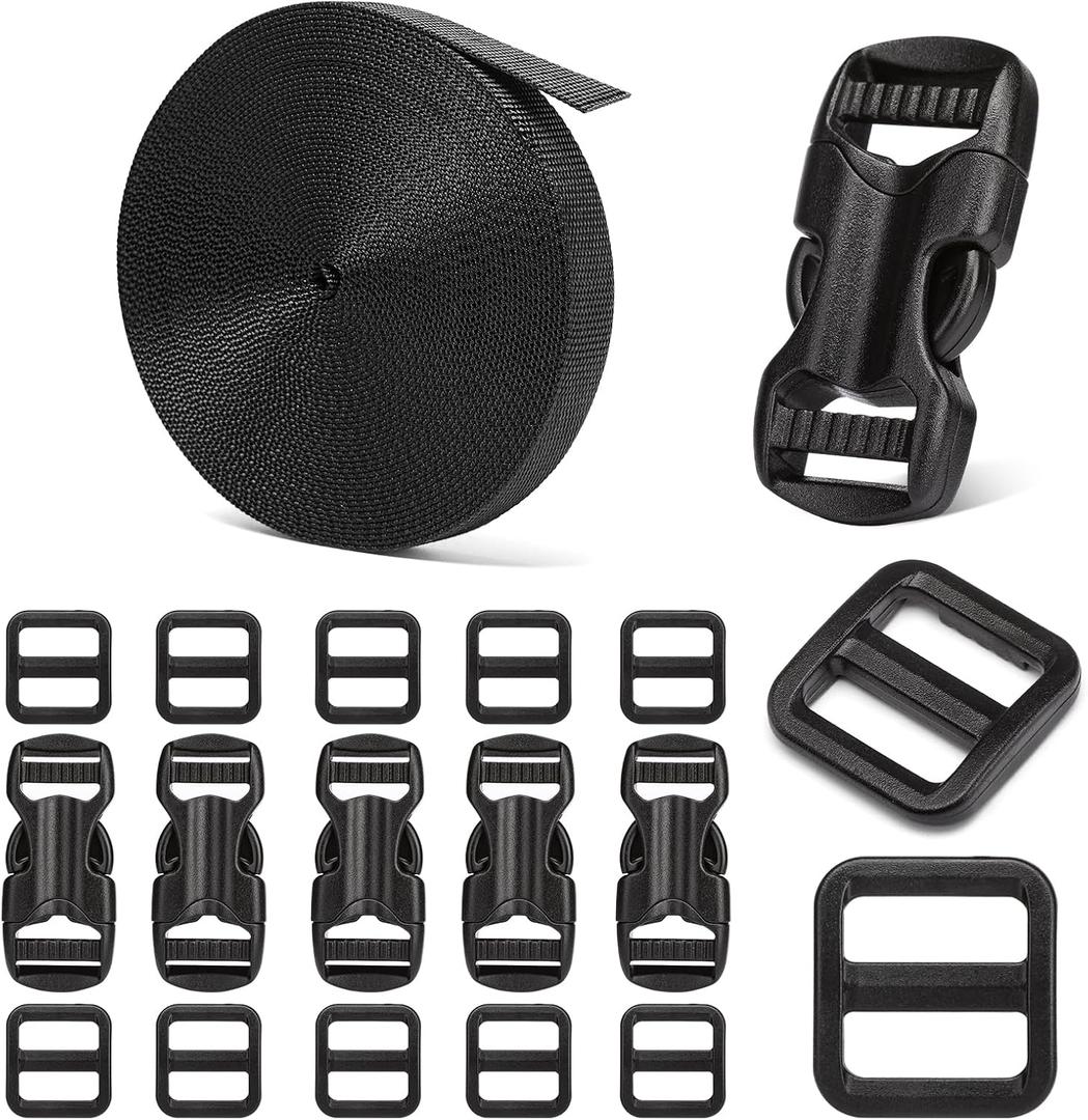 5/8" Buckle and Strap Set: 6 Yards of Thick Nylon Webbing, 6 Pack Quick Side Release Adjustable Plastic Buckles, 12 Tri-Glide Slide Clips, Black (5/8 Inch Combo Set)