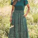 Dokotoo Women's 2026 Summer Dress Short Sleeve Crew Neck Casual Floral Print Long Flowy Dresses Maxi Dresses (Green, L)