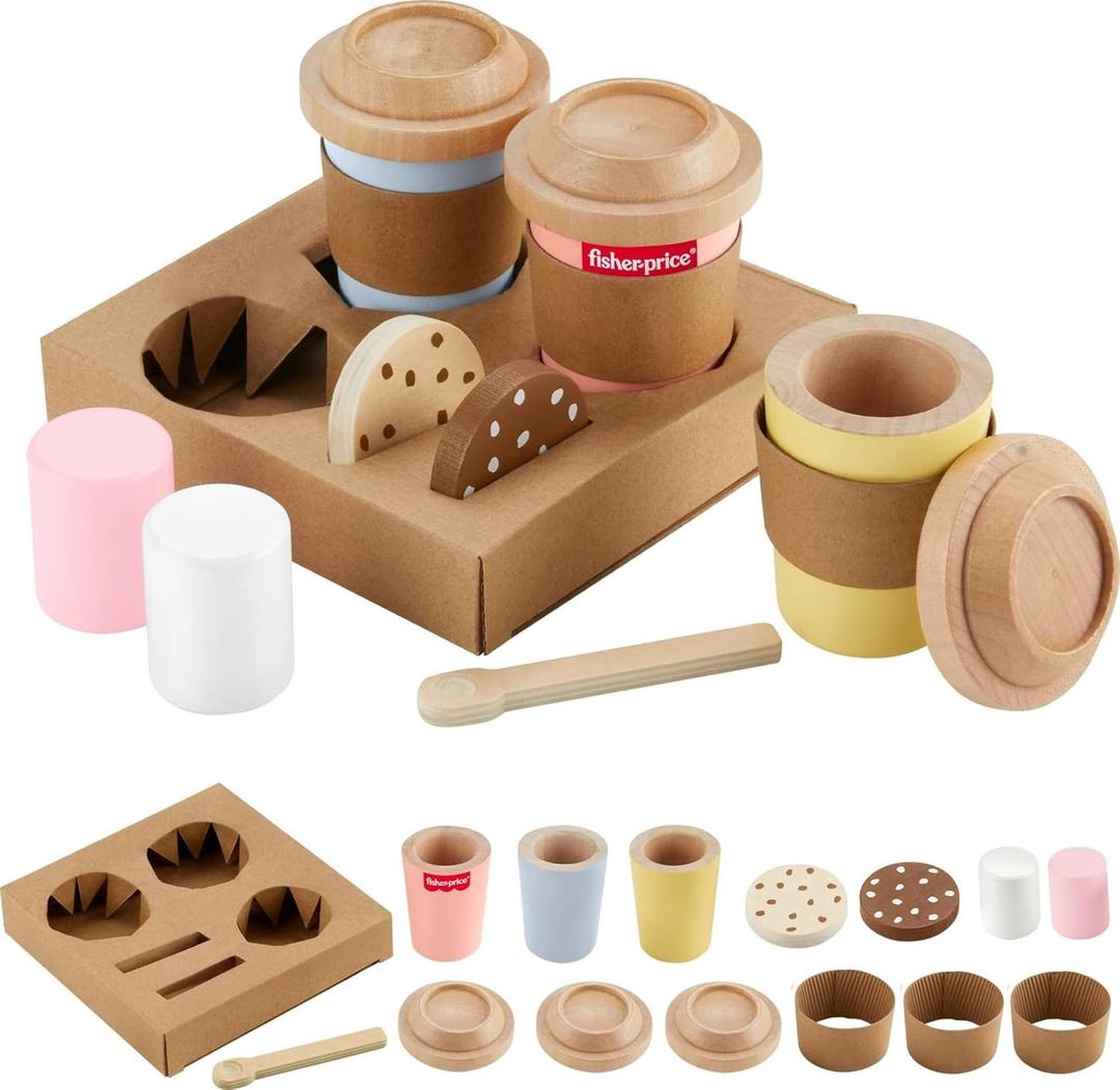 Fisher-Price Wood Pretend Play Toy Coffee to Go Caf Set, 15-Piece Wooden Playset with Cups & Food for Preschool Kids Ages 3+ Years