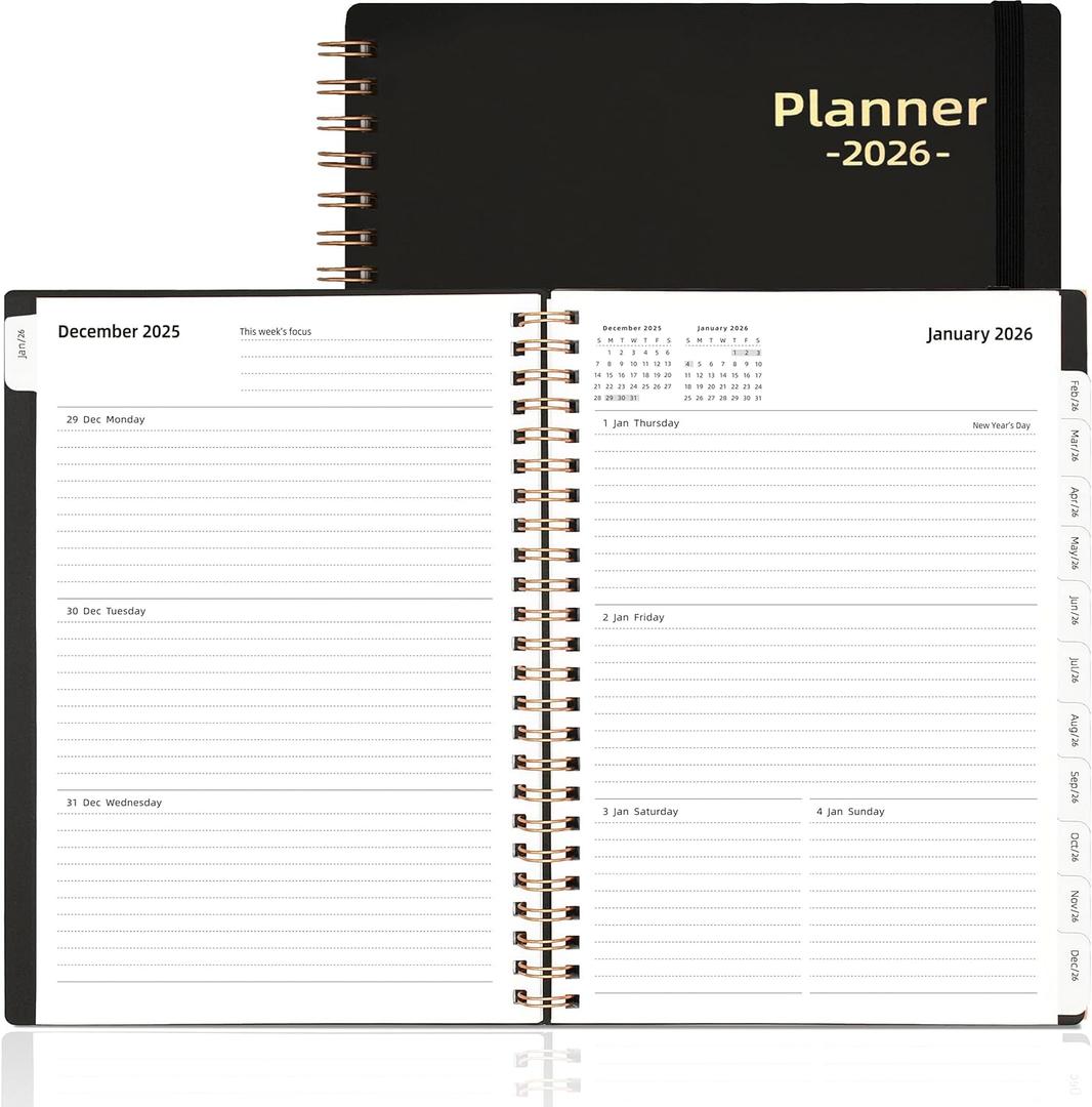 Daily Planner 2026, 2026 Planner Weekly and Monthly, Jan 2026-Dec 2026, 6.2" x 8.4", Agenda Day Planner with Tabs & Pocket, 100GSM Thick Paper, Black