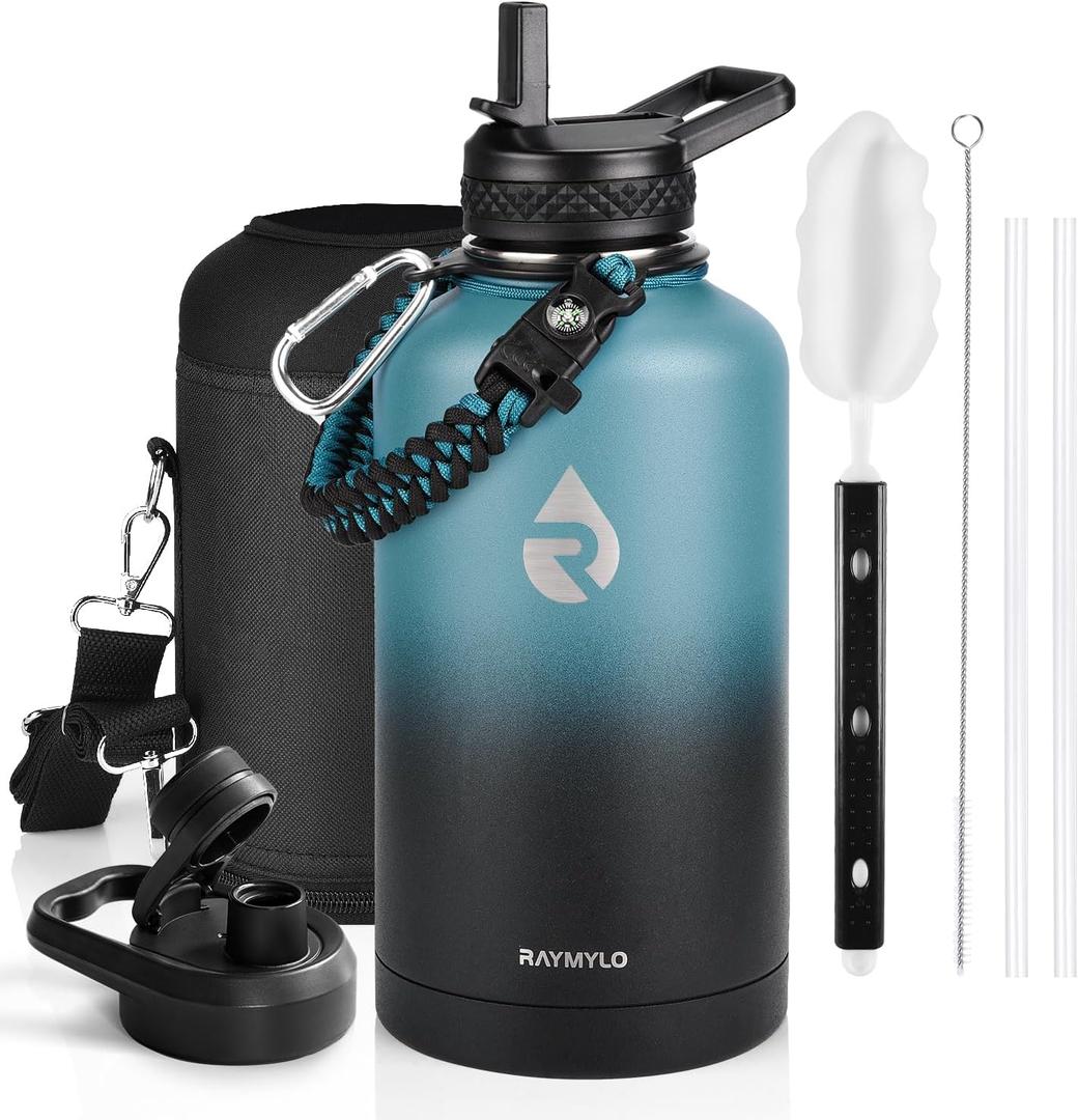 Insulated Water Bottle 64 oz, Triple Wall Vacuum Stainless Steel (Cold for 48 Hrs), Leak Proof & Non-BPA, Half Gallon Water Flask Jug with Paracord Handle & Straw Spout Lids (Indigo/Black)