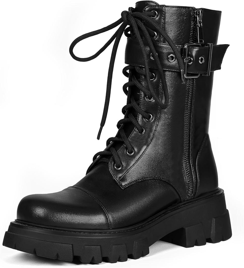 Women Harness Motorcycle Biker Boots Steampunk Combat Boots Chunky Mid Calf Goth Boots Lug Sole Lace up Side Zipper (9.5, Publack)