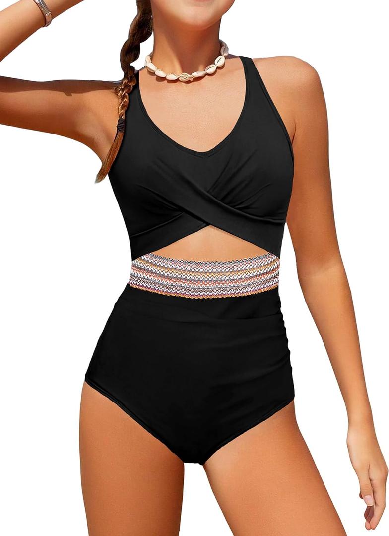 Girls Swimsuit Criss Cross Cutout One Piece Bathing Suit Color Block V Neck Back Tie Swimwear 9-16Y (13-14 Years, Black)