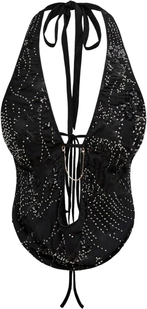 Verdusa Women's Cheetah Print Sequin Top Y2K Tie Back Corset Halter Going Out Crop Tops, S