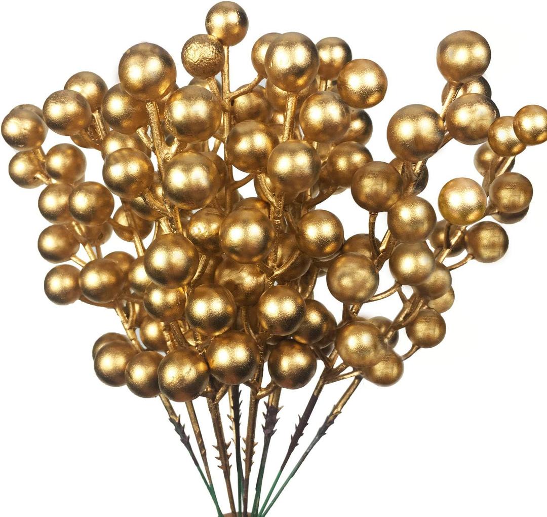 24 pcs Christmas Berries Stems Artificial Berry Stems for Christmas Tree Ornaments Crafts Holiday and Home Decor (Gold)