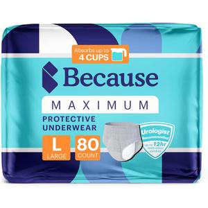 Because Maximum Incontinence Underwear for Men - Heavy Bladder Leak Protection, Ideal for Overnight Leakage, Sleek, Invisible Fit, Grey, Large - Absorbs 4 Cups - 80 Count (4 Packs of 20)
