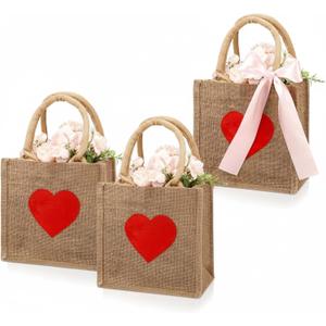 SilTriangle 3 Pcs Valentine's Day Burlap Bags Red Heart Basket Essentials Pink Bow Hunts Candy Gift Tote Bag for Kids Boys Girls Wedding Baby Shower DIY Craft Valentine's Day Favor