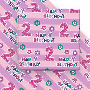 WRAPAHOLIC 2nd Birthday Wrapping Paper Sheet - 6 Sheets Pink Happy Birthday with Floral Design Folded Flat for Bday, Party, Baby Showers - 19.7 Inch X 27.5 Inch Per Sheet