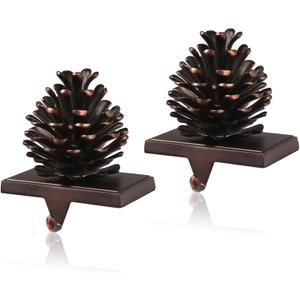JUSTOTRY 3D Pine Cones Christmas Stocking Holders for Mantle Set of 2 with Non-Skid Brown Stocking Hangers for Fireplace Home Decor Holiday Gifts Xmas Decorations Supplies