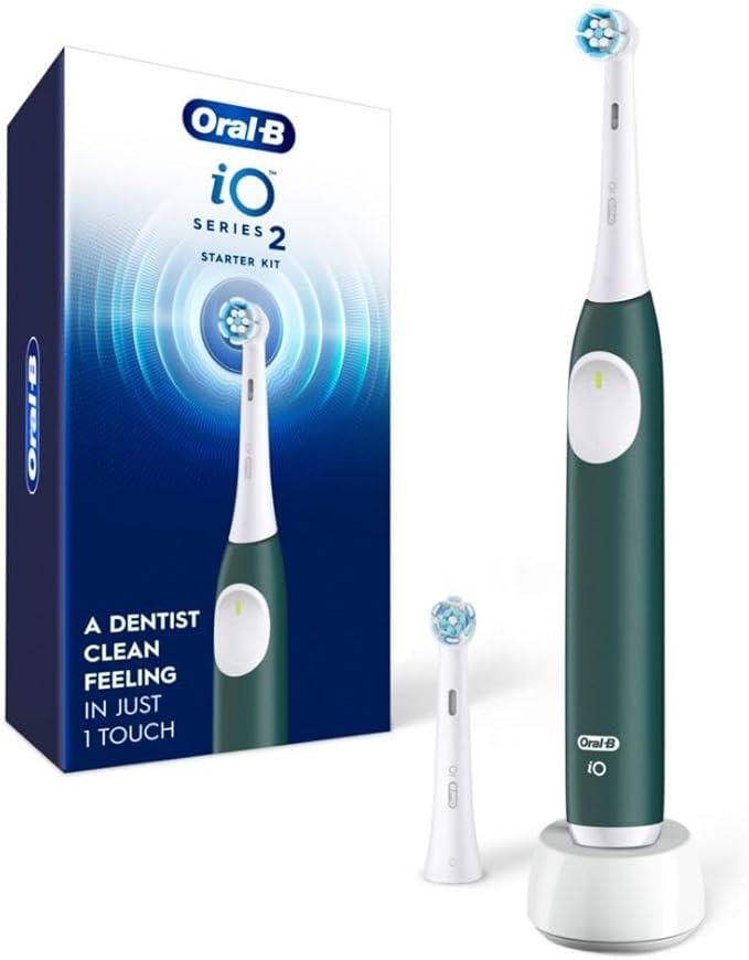 Oral-B Rechargeable Electric Toothbrush, iO2 Starter Kit, 3 Cleaning Modes, Automatic Pressure Sensor to Protect Gums, 2 Brush Heads, Forest Green