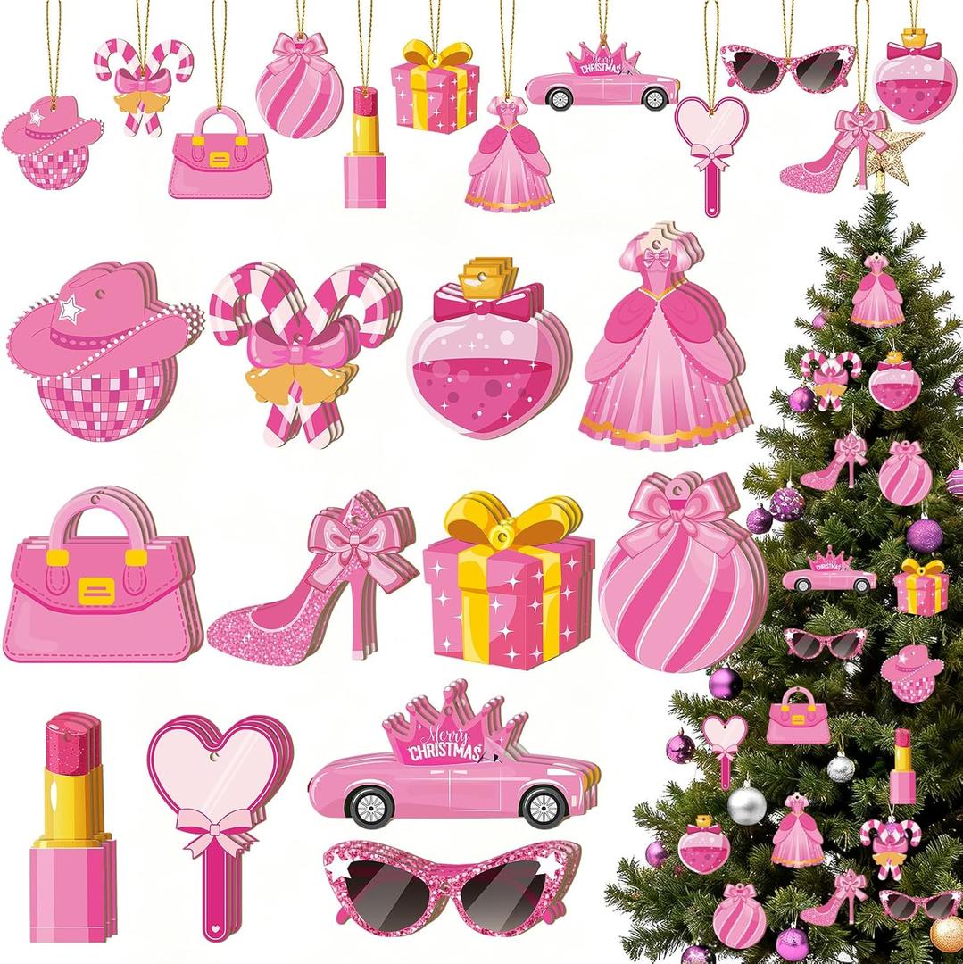 36 Pcs Pink Ornaments for Christmas Tree Wooden Princess Hanging Ornaments for Christmas Cute Pendants Party Decoration with Rope Xmas Gifts for Girls Party Xmas Decorations (Medium)