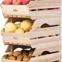HABAU Wood Potato Onion Storage Bins - Wooden Stackable Produce Basket - Fruit Vegetable Storage for Kitchen Pantry Organization, Set 3 Pieces