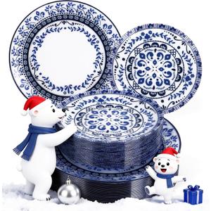 Hioasis 60pcs Blue Plastic Plates Set - Floral Blue & White Porcelain Design, 10.25" Dinner & 7.5" Dessert Plates Disposable for Christmas (Dishwasher Safe, Traditional Style)