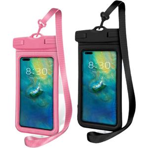IPX8 Waterproof Phone Case (2-Pack) - Universal Waterproof Phone Pouch for iPhone, Samsung, Pixel up to 7 | Clear Touchscreen for Swimming, Snorkeling, Kayaking & Beach (Pop Pink and Shadow Black)