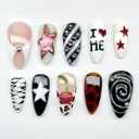 30Pcs Leopard French Tip Press on Nails Medium Almond Fake Nails Zebra Stripes False Nails Red Heart Star Artificial Glue on Nails Glossy Full Cover Y2K Stars Cherry Acrylic Stick on Nail for Women