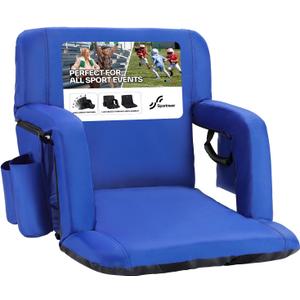 Sportneer Stadium Seats with Back Support: 2.5'' Thick Comfy Cushion 6 Adjustable Angle Bleacher Seat with Armrest - 2 Large Pockets, 2 Cup Holders Stadium Chair for Sport Events Concerts Parks (Non-Heated, Regular - 20.5", Blue)