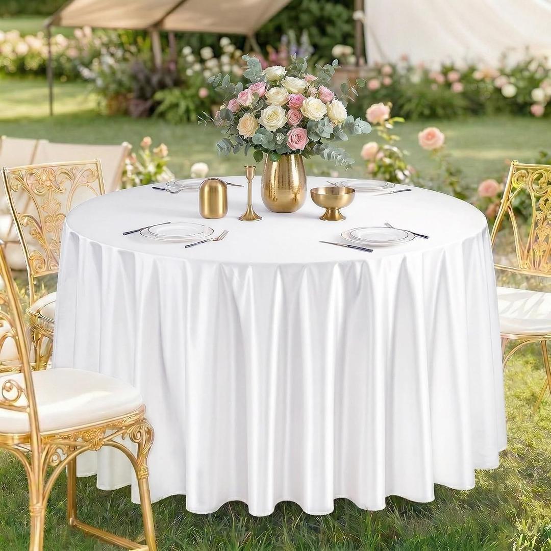 FAVE 6 Pack 120 Inch White Round Satin Tablecloth, Washable & Durable Satin Elegant Table Cover for Wedding Table Cloth Round Cover for Banquet, Party Formal Events(White, 120inch)