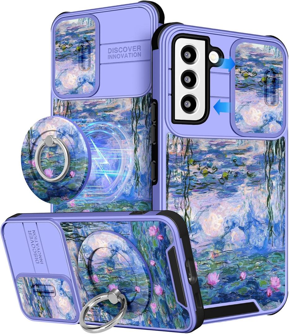 Buleens for Samsung Galaxy S22 Case - with Ring Stand & Camera Cover Aesthetic Cute Designed Women Girls Girly Pretty Blue Water Lily for Galaxy S22 Phone Case Compatible with Magsafe 6.1"
