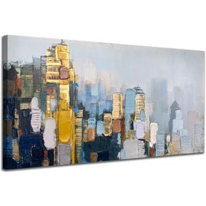 Arjun Neutral Wall Art Painting Abstract Art Wall Decor Canvas, Large Textured Skyline for Living Room Gold Painting Modern Wall Art for Men Bedroom Cityscape Artwork Home Office Wall Decor, 40"x20"