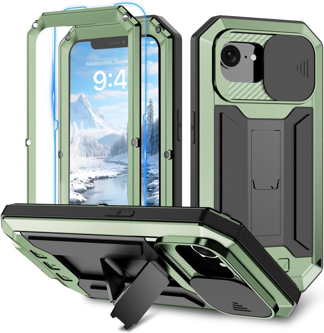 Compatible with iPhone 16E Metal Heavy Duty Case with Screen Slide Camera Cover Protector Kickstand Rugged Military Grade Drop Protection Aluminium Full Cover for Man Woman (Green)