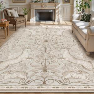 Lahome Boho Animal Washable Rugs for Living Room 8x10, Beige Soft Rugs for Bedroom, Botanical Large Boho Non Slip Dining Room Carpet for Under Table Office Kids Playroom (8x10ft,Beige)