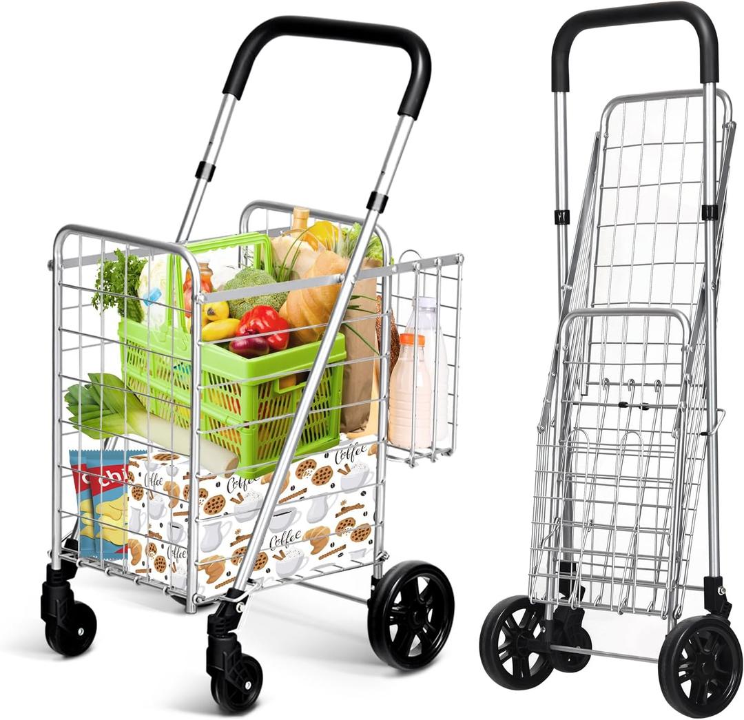 IRONMAX Grocery Shopping Cart, Foldable Heavy Duty Utility Cart w/Adjustable Handle, Extra Basket & 360 Rolling Swivel Wheels, Lightweight Trolley Cart for Grocery Laundry Luggage (Sliver)