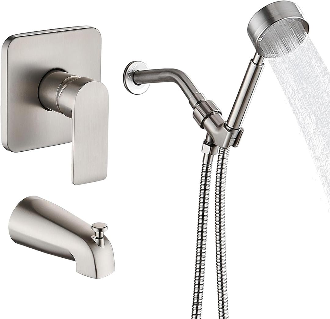 Brushed Nickel Tub Shower Faucet Set Complete with handheld Shower Head and Tub Spout Included Shower Valve Tub Shower Trim Kit Matte Black, 6 inch rain shower head