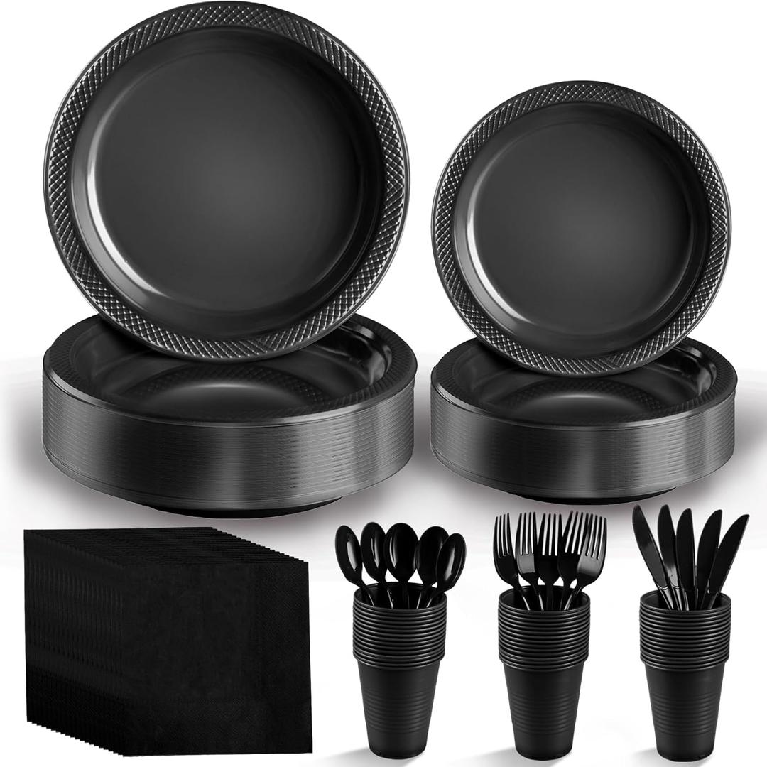 Boocikey Black Plastic Plates, 25 Guest Disposable Dinnerware Set for New Year, Black Party Supplies, Includes 25 Dinner Plates, 25 Dessert plates, 25 plastic Cutlery, 25 Napkins and 25 12 oz Cups