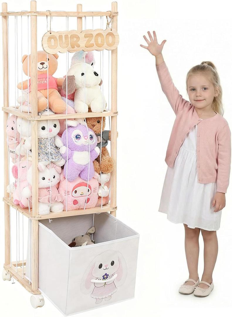 Stuffed Animal Storage with Removable Fabric Bins & Locking Wheels, 2-in-1 Wooden Toy Organizer and Display Shelf - Space-Saving for Playroom, Bedroom, Nursery