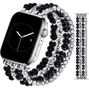 JR.DM Beaded Bracelet Band Women Compatible with Apple Watch 42mm(S3/2/1) 44/45/46/49mm Stretch Handmade Dressy Replacement Strap for iWatch Series 11/10/9/8/7/6/5/4/3/2/1/SE/Ultra, Black Silver