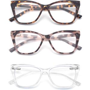 3-Pack Reading Glasses for Women Stylish Oprah Cat-Eye Spring Hinge Readers Anti Blue Light Eyestrain/Glare/UV (S3 Tortoise Pink-bdot Transparent), 2.25x