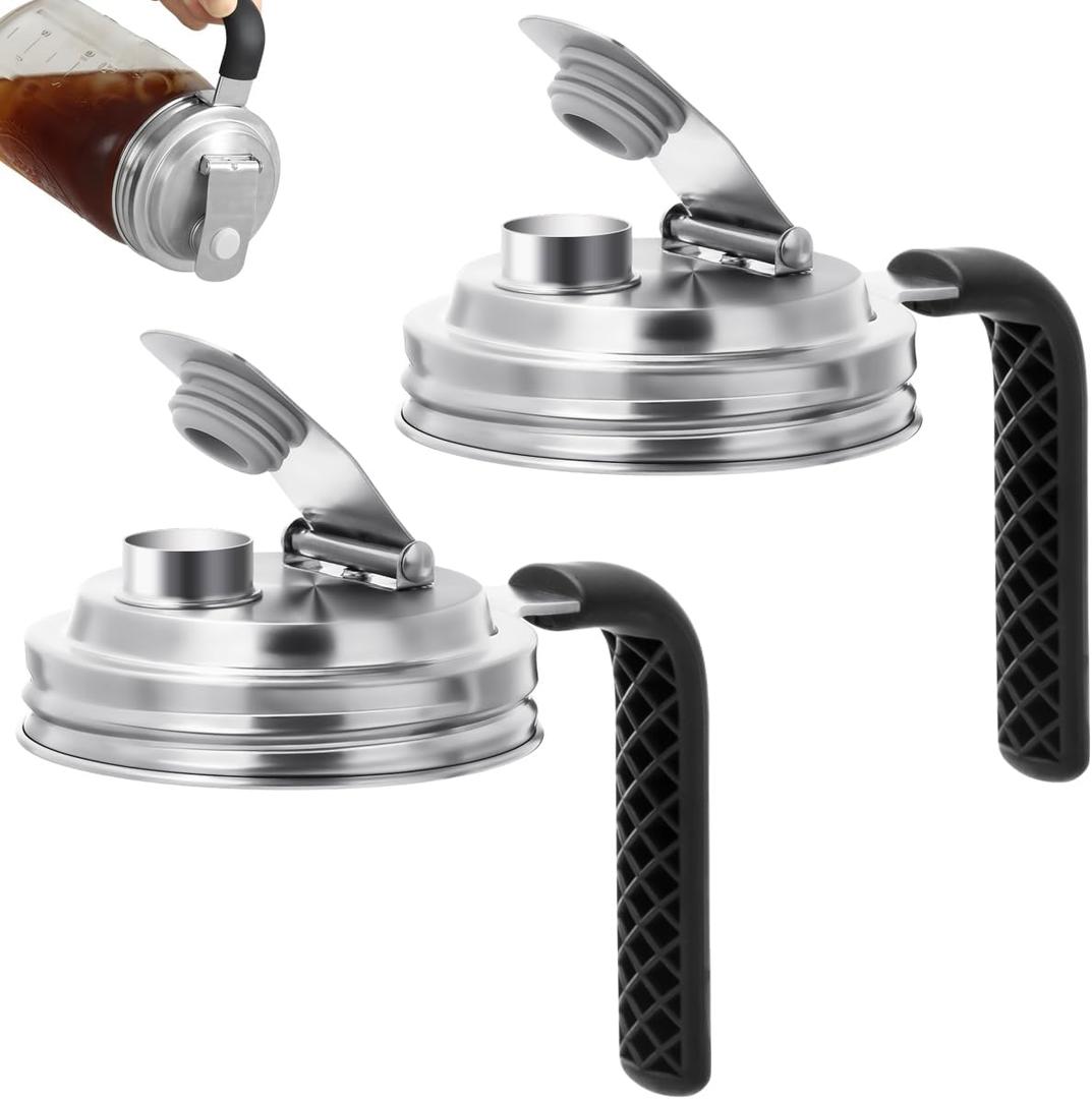 Aieve Stainless Steel Mason Jar Pour Spout Lid, 2 Pack Wide Mouth Mason Jar Pitcher Flip Cap Lids with Handle for Ball Jar Lids (3.38 inch)