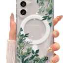 Magnetic for Samsung Galaxy S24 Plus Case Compatible with MagSafe Cute Floral Flower Clear Aesthetic Women Girls Slim Transparent Trendy Shockproof Case for S24 Plus, Green Leaves